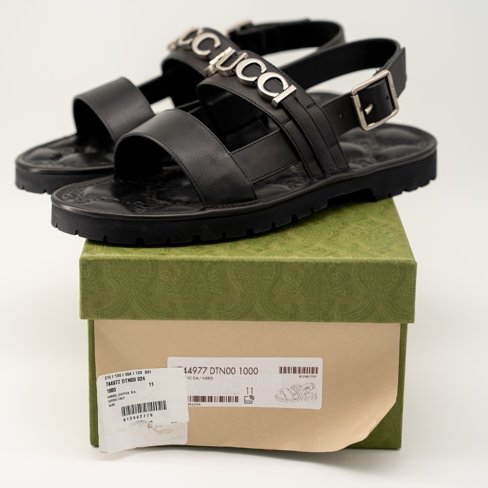 size 11G 11.5 US Gucci Leather Sandals Black Silver Logo Strap Buckle - Picture 11 of 12